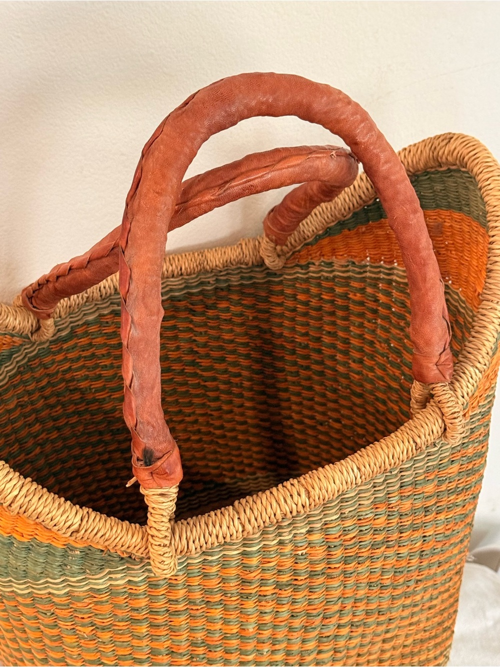 Handwoven African Straw Tote in Orange, Green and Natural with Leather Handles - Picture 5 of 11